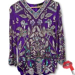 VTG 80s Beaded Top Purple Multicolor Intricate Design Blouse Sz 10 1980s Dynasty